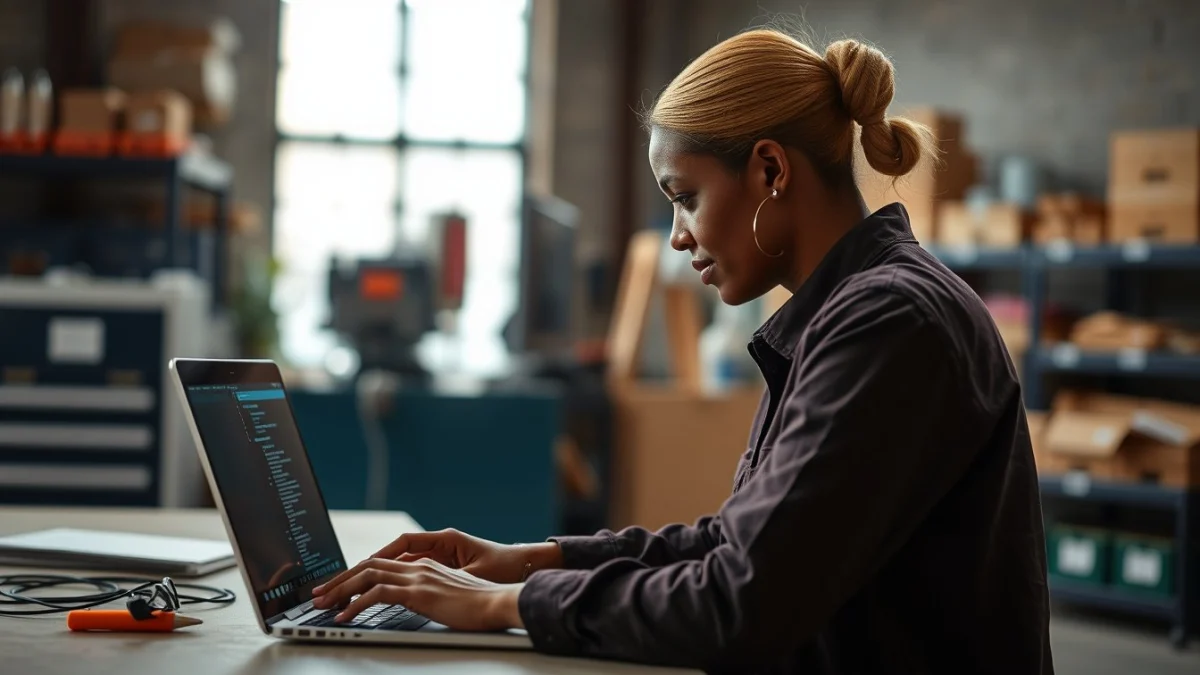 Person learning artificial intelligence skills on a laptop in a modern workspace