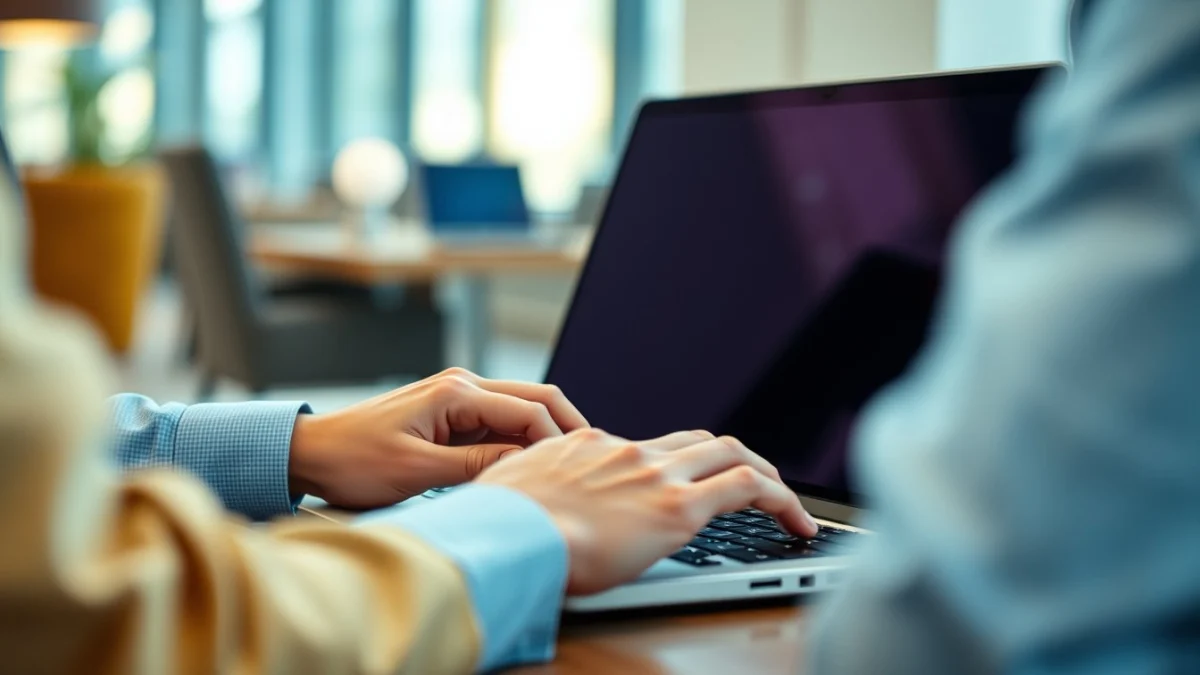 Person learning artificial intelligence skills on a laptop in a modern workspace