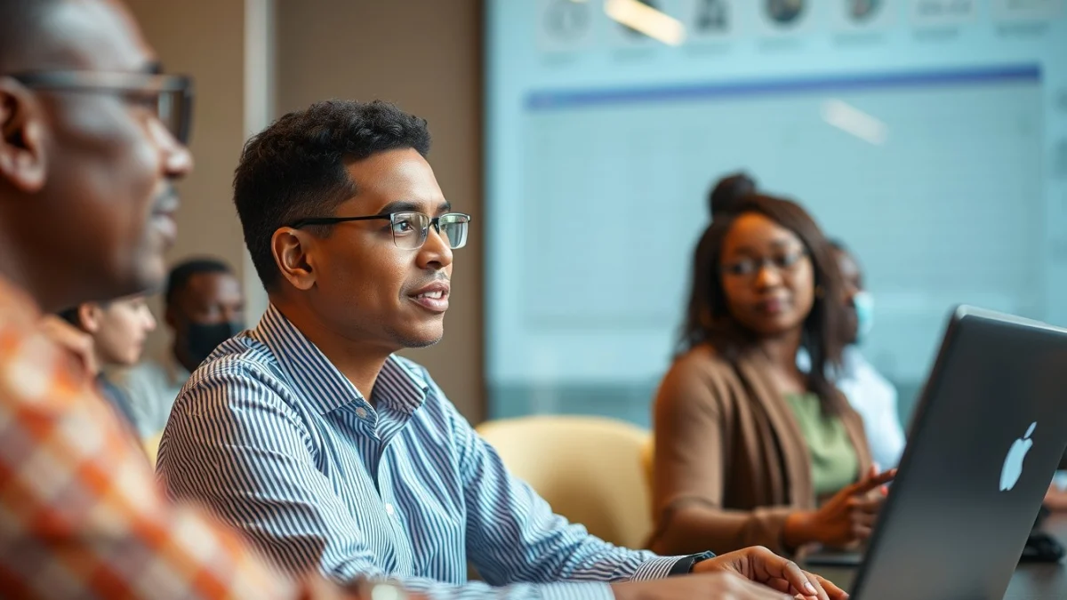 Person learning business skills in a clean modern workspace
