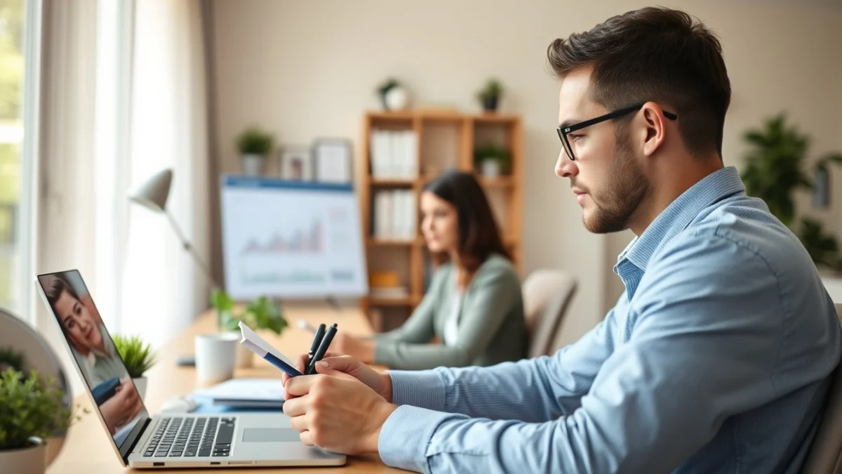 Person learning interpreting financial reports for business strategy in a modern educational setting
