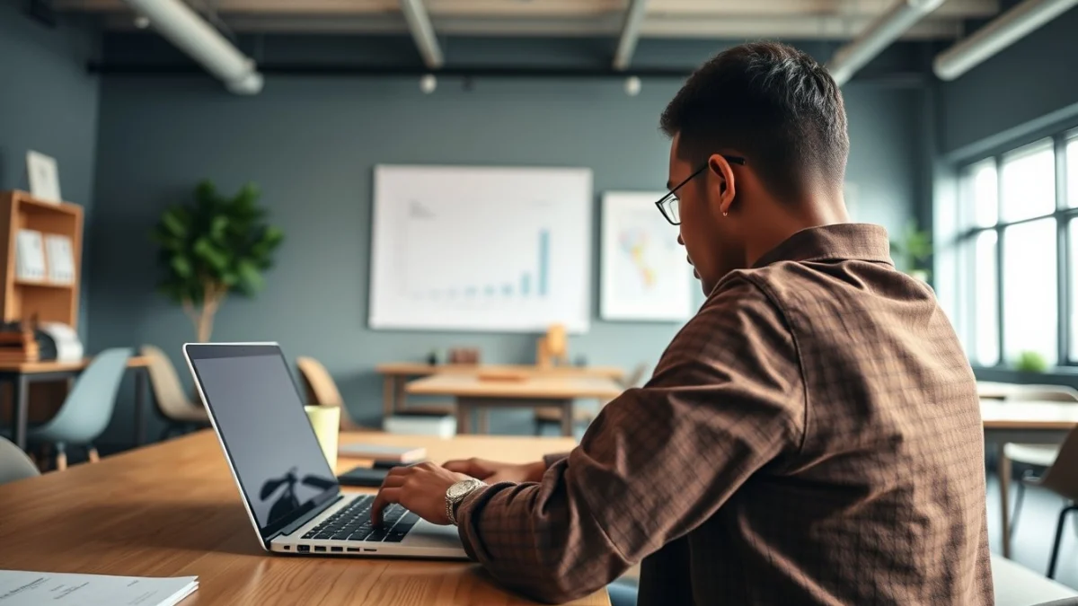 Person learning business skills in a clean modern workspace