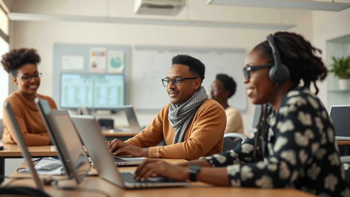 Person learning artificial intelligence skills on a laptop in a modern workspace