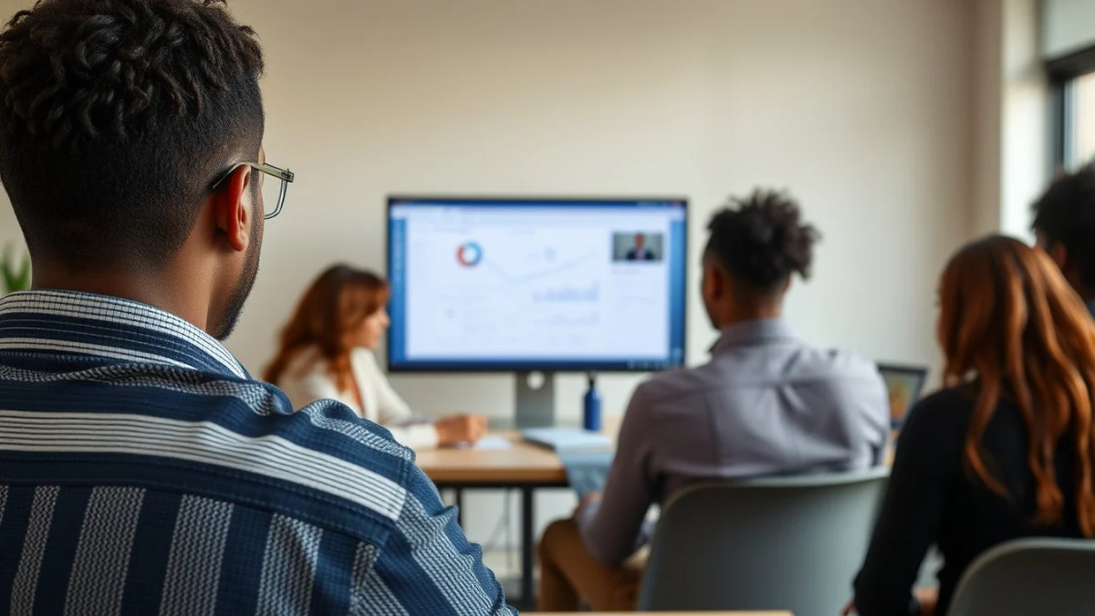 Person learning artificial intelligence skills on a laptop in a modern workspace