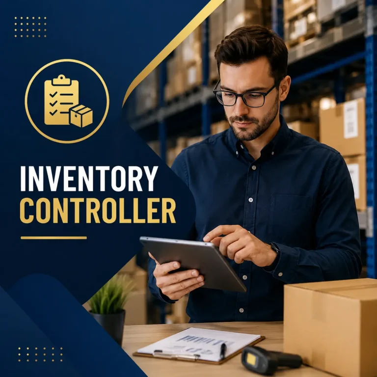 Inventory Controller course cover featuring a warehouse inventory controller using a tablet to manage stock levels and inventory records in a modern distribution warehouse.
