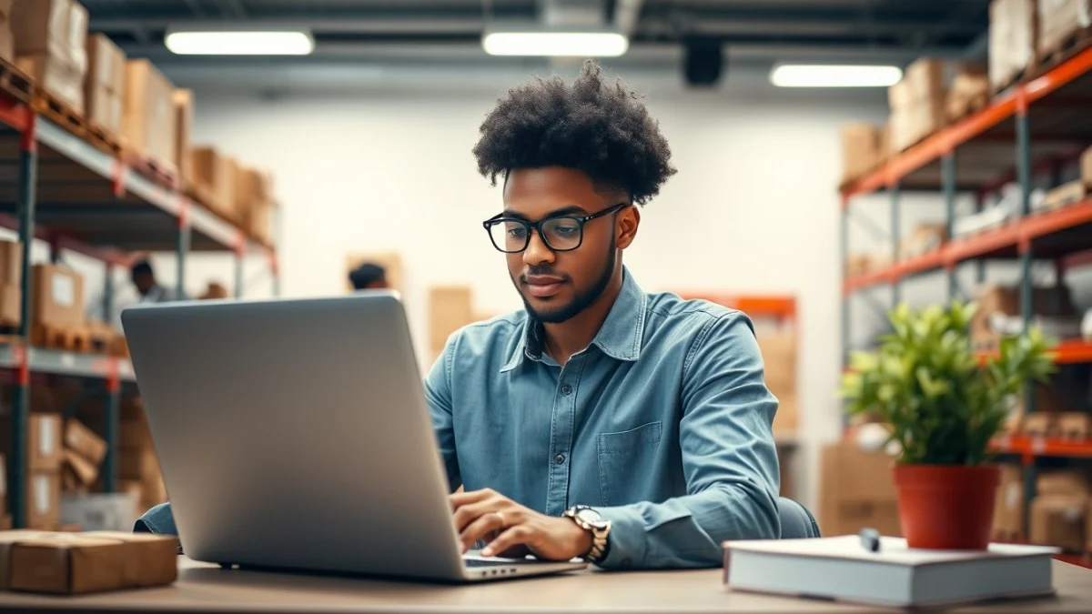 Person learning artificial intelligence skills on a laptop in a modern workspace