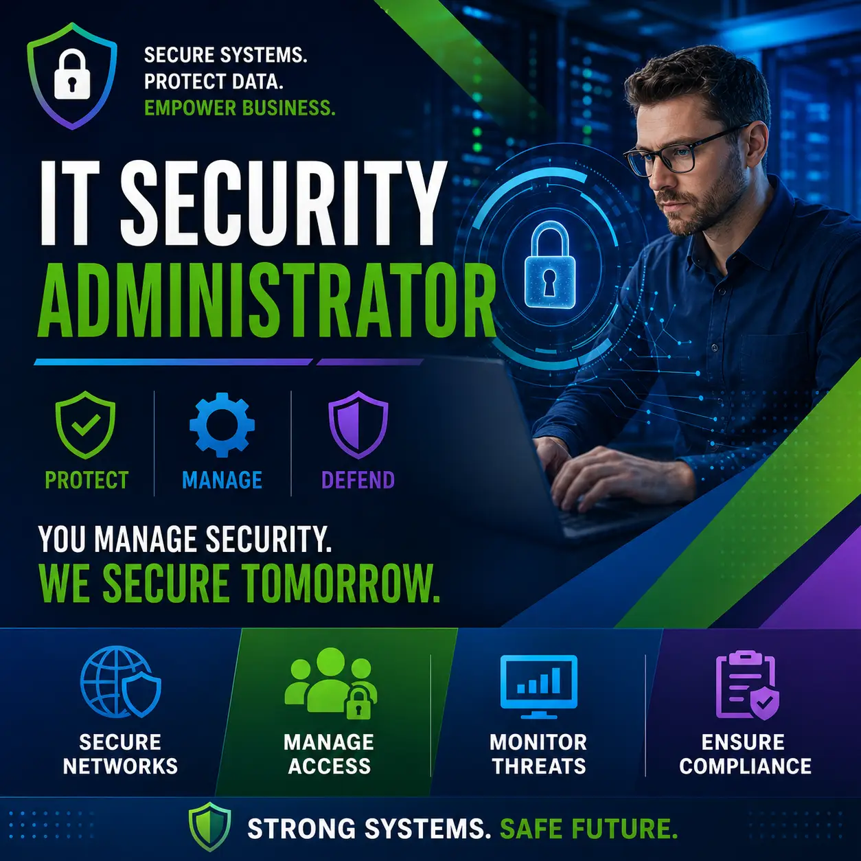 IT Security Administrator course cover featuring a cybersecurity professional, digital security shield, and blue, green, and purple technology-themed design.