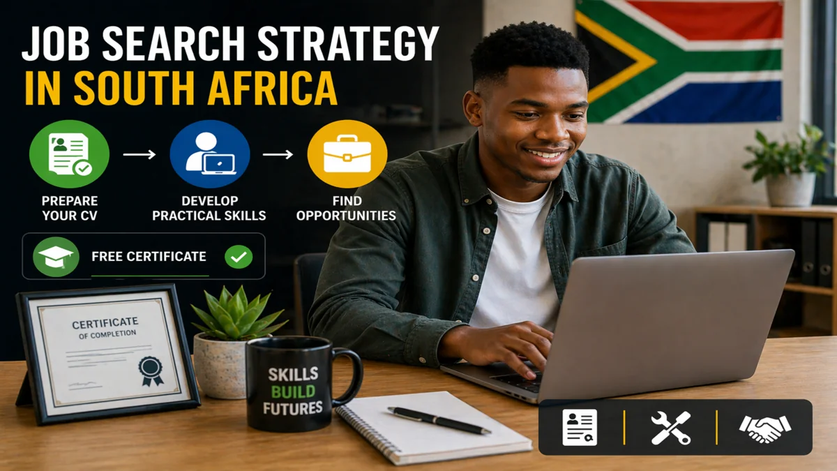 Job search strategy in South Africa showing CV preparation and practical skills after completing a free certificate