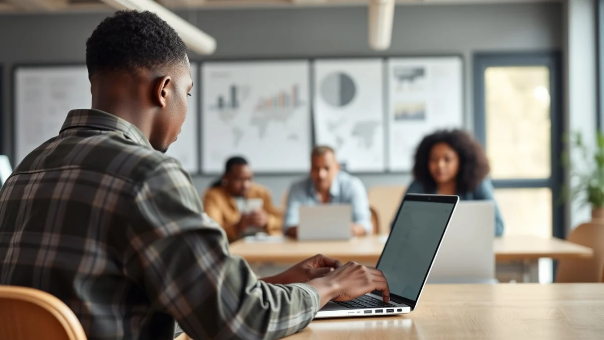 Person learning artificial intelligence skills on a laptop in a modern workspace