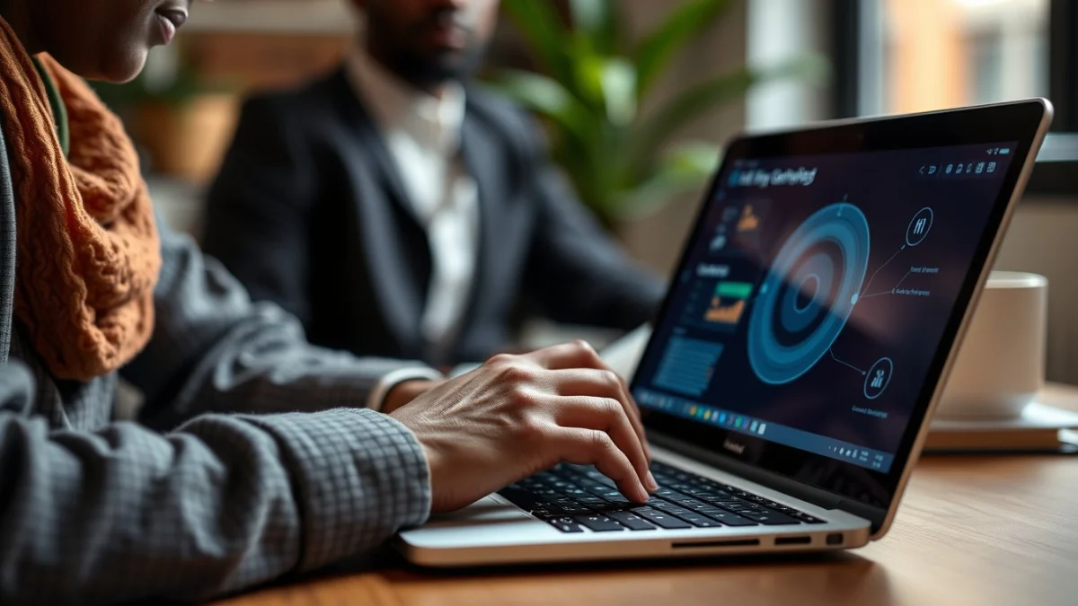 Person learning artificial intelligence skills on a laptop in a modern workspace
