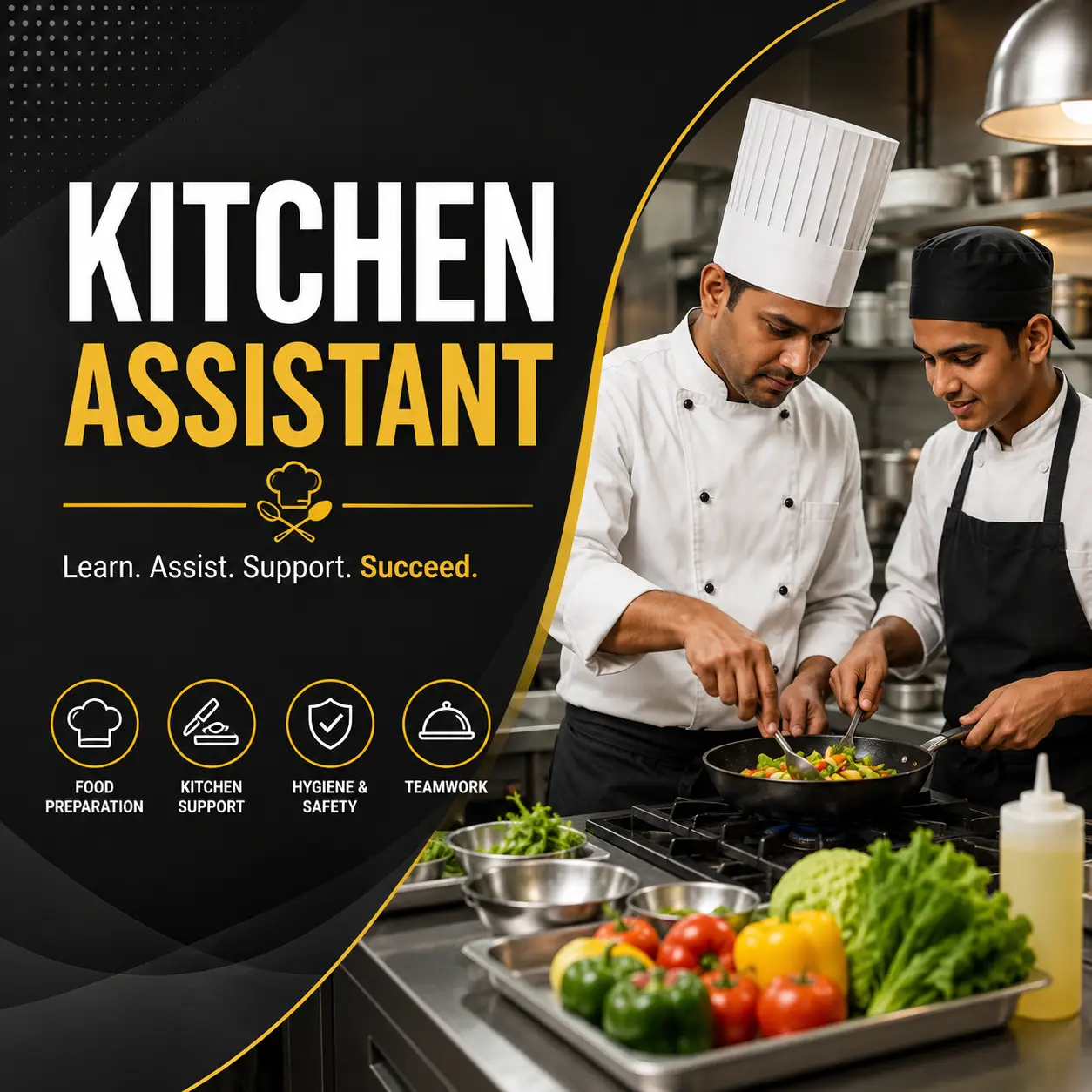 Kitchen Assistant course cover showing a kitchen assistant helping a chef prepare food on a stove in a professional commercial kitchen.