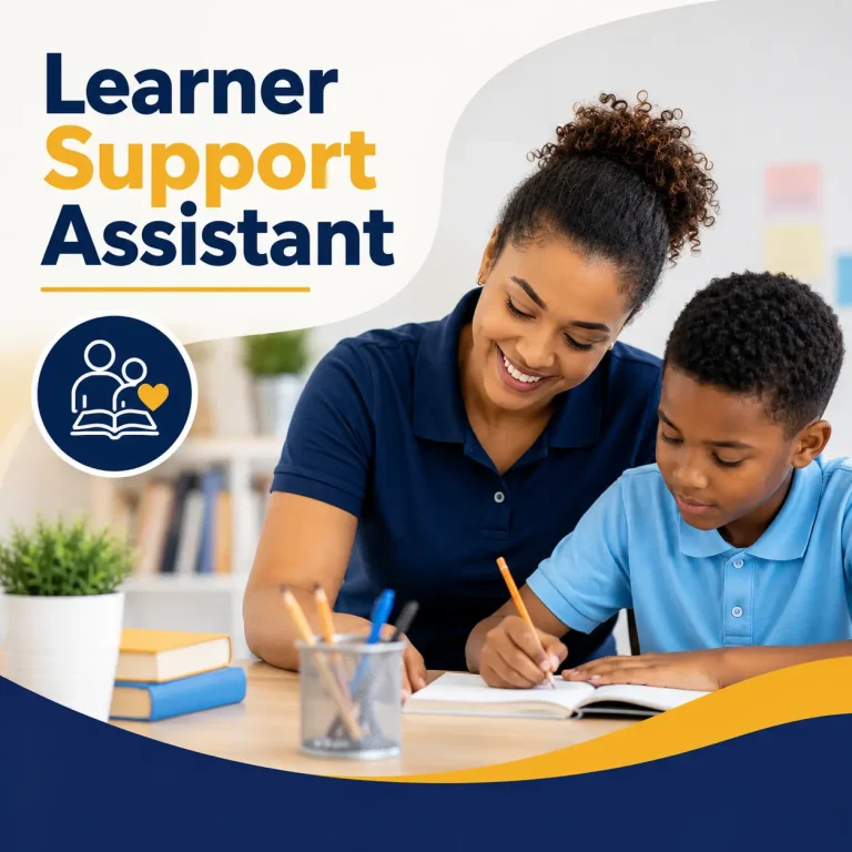 Learner Support Assistant course cover featuring a learner support assistant helping a young student complete classroom work in a modern educational environment.