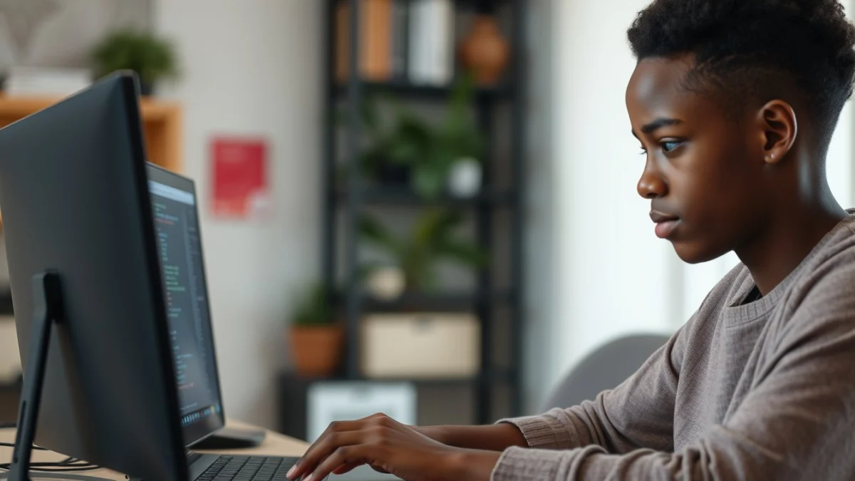 Person learning artificial intelligence skills on a laptop in a modern workspace