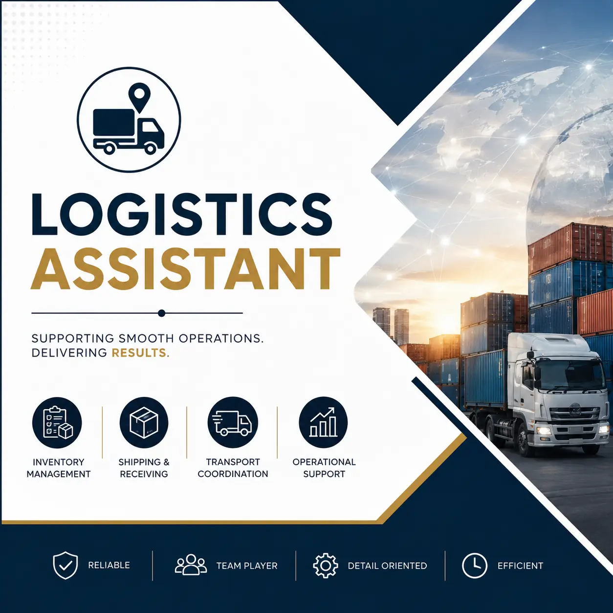 Logistics Assistant course cover featuring shipping containers, a delivery truck, and global supply chain operations.
