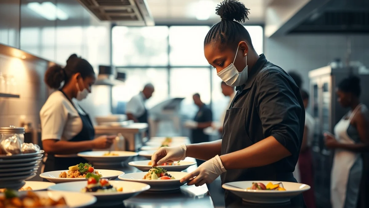 Person learning maintaining hygiene during food service in a modern educational setting