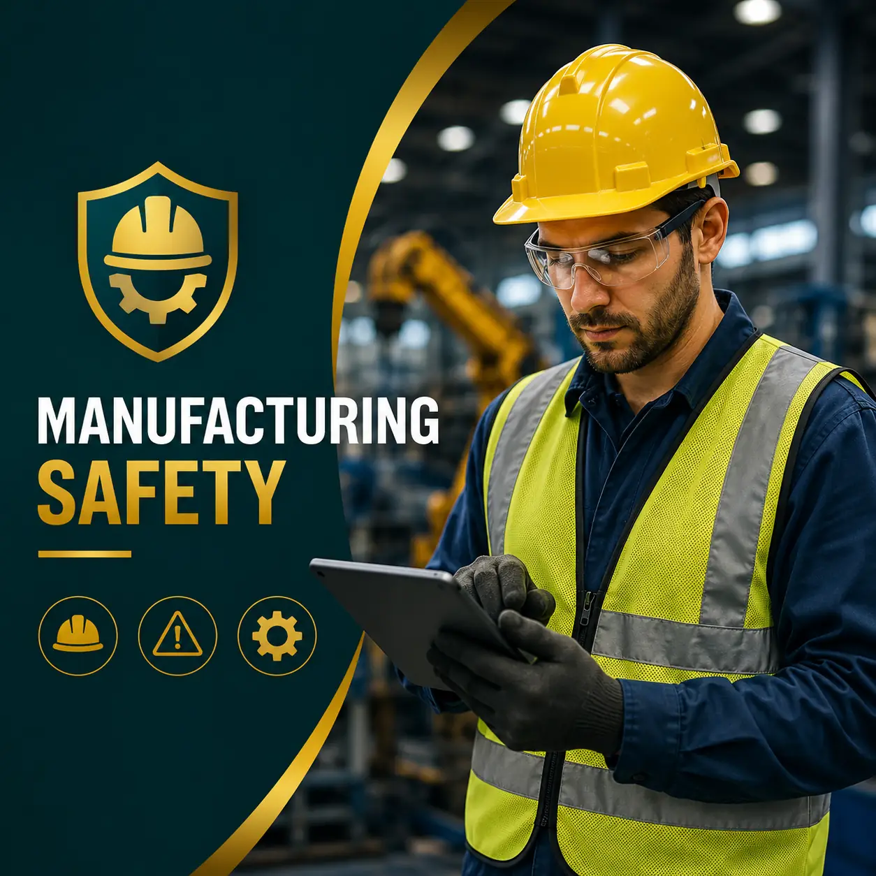 Manufacturing Safety course cover featuring an industrial worker wearing PPE using a tablet in a modern manufacturing facility.
