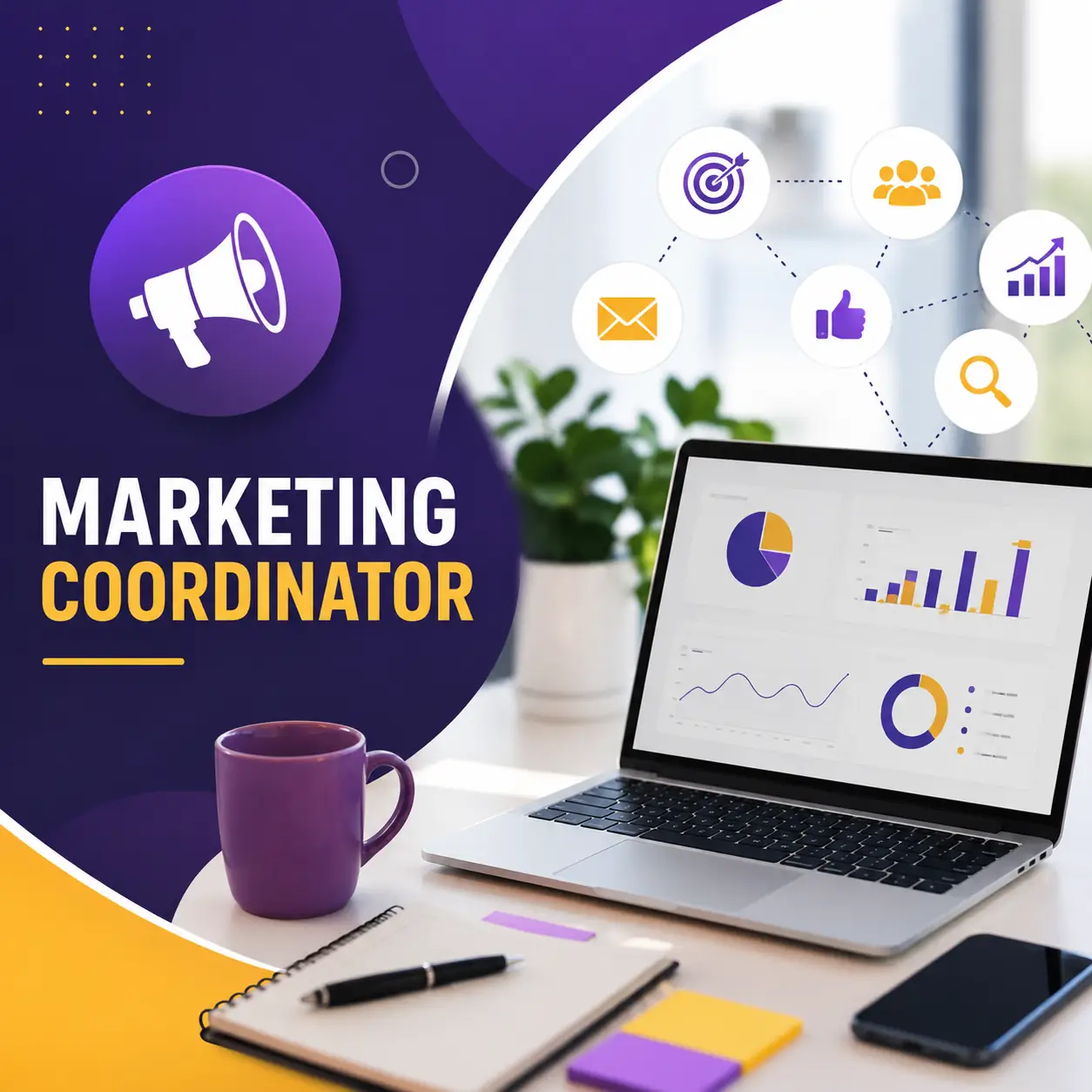Marketing Coordinator course cover featuring a laptop with marketing analytics dashboards, campaign planning icons, and a modern digital marketing workspace.