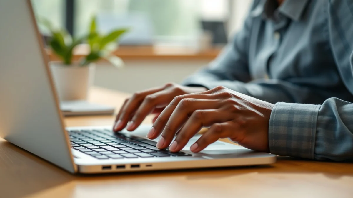 Person learning artificial intelligence skills on a laptop in a modern workspace