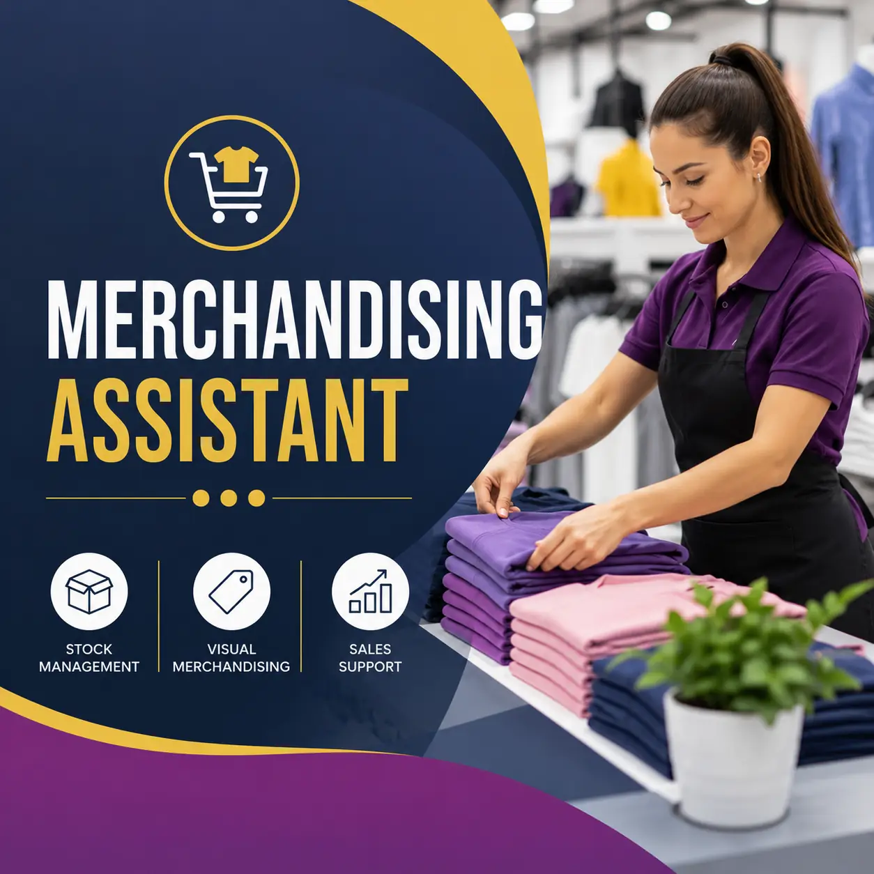 Merchandising Assistant course cover featuring a retail employee arranging folded clothing displays in a modern clothing store.