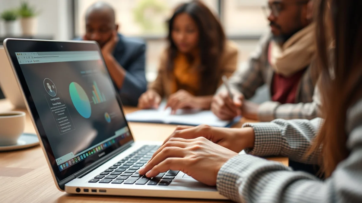 Person learning artificial intelligence skills on a laptop in a modern workspace