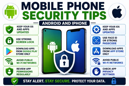 Infographic showing mobile phone security tips for Android and iPhone with icons for updates, strong passwords, app safety, and secure device usage. 