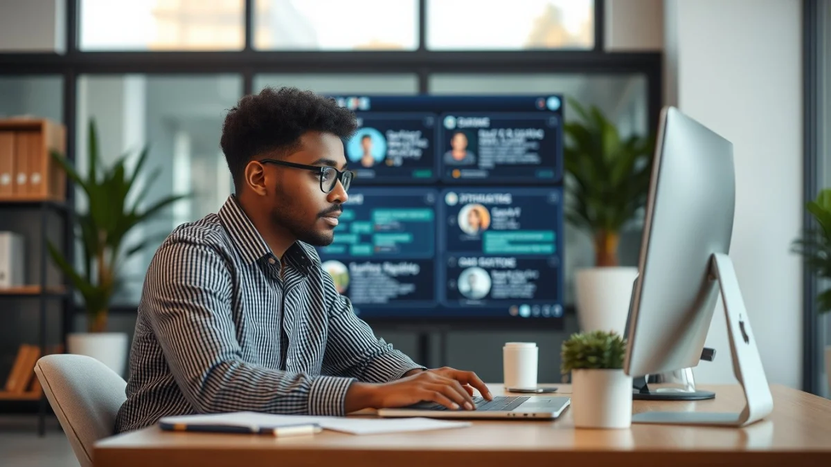 Person learning artificial intelligence skills on a laptop in a modern workspace