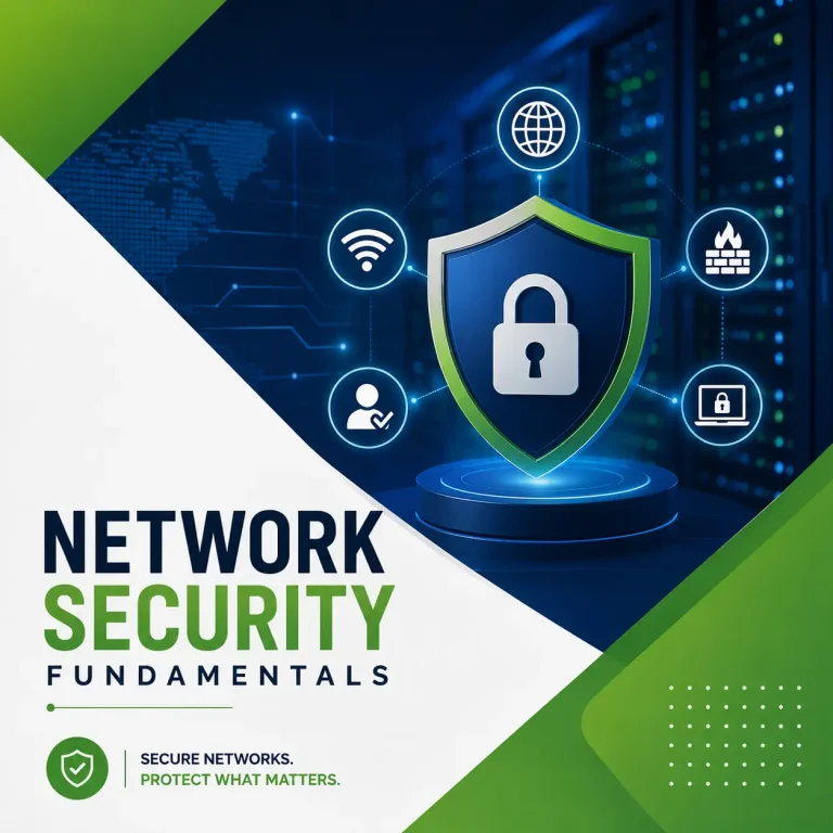 Network Security Fundamentals course cover featuring a digital security shield with a padlock, cybersecurity icons, and a modern server room background.