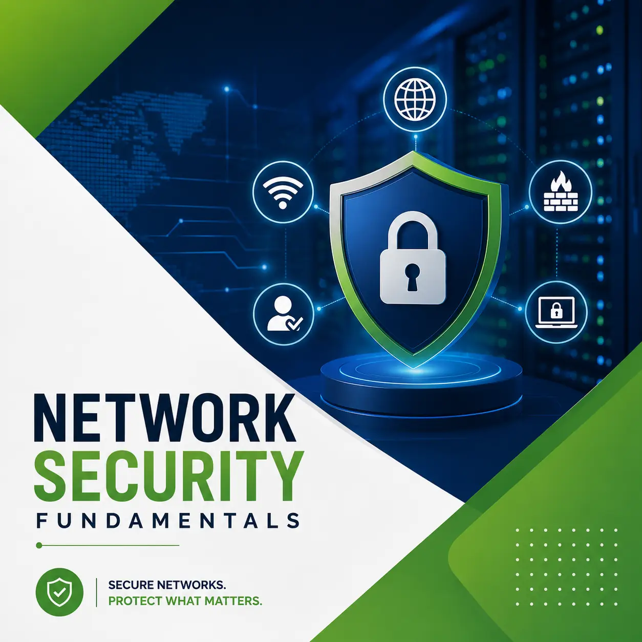 Network Security Fundamentals course cover featuring a digital security shield with a padlock, cybersecurity icons, and a modern server room background.