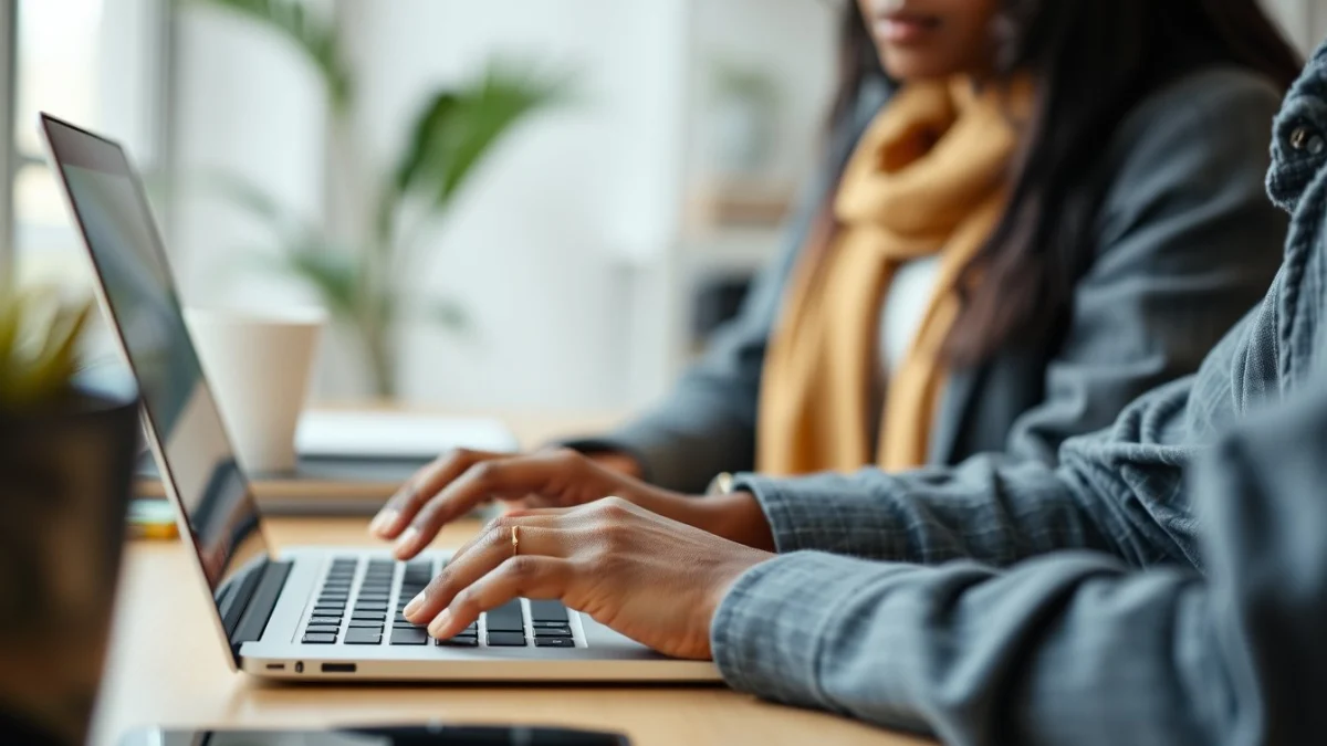 Person learning artificial intelligence skills on a laptop in a modern workspace