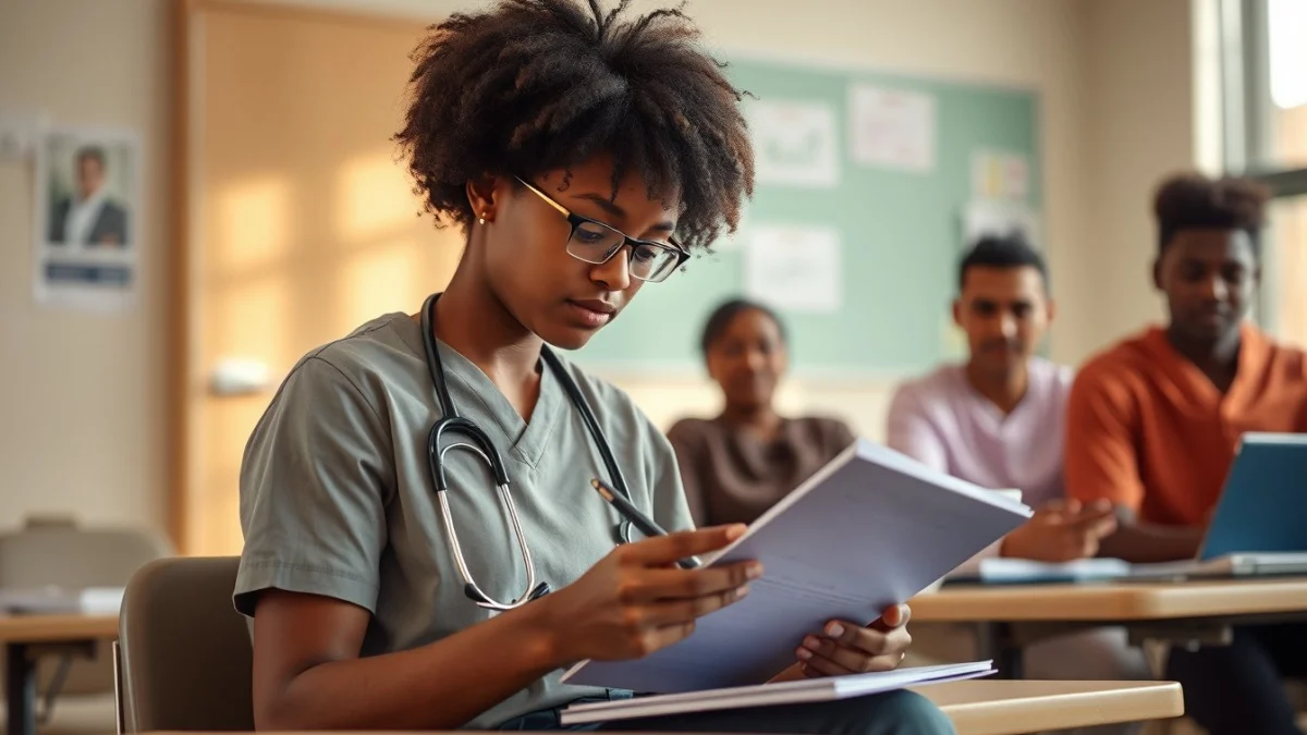 Learner studying caregiving skills in a professional training environment