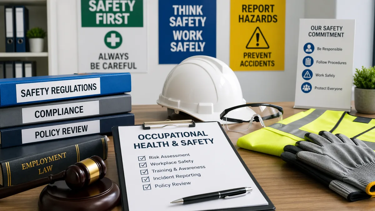 Occupational health and safety law concept with safety equipment and compliance documents