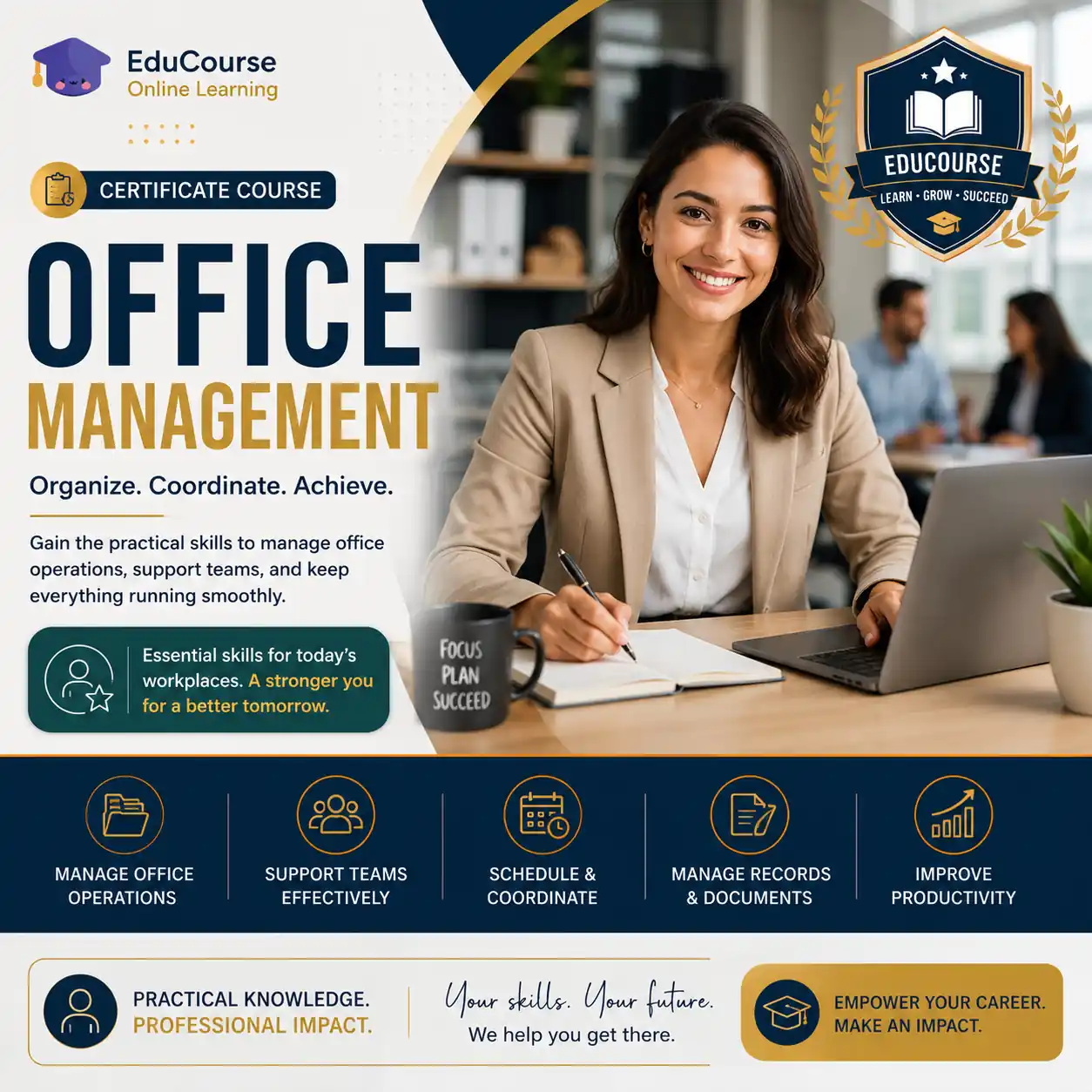 Office Management Certificate Course cover featuring a professional office administrator working at a desk with productivity, scheduling and office operations skills