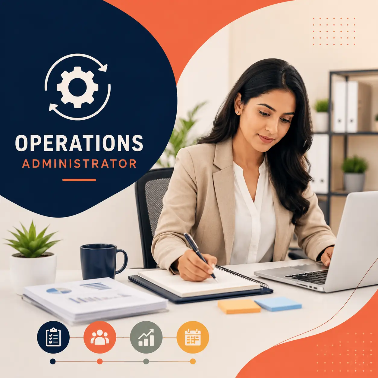 Operations Administrator course cover featuring a professional office administrator working at a modern desk with a laptop, notebook, reports, and office management iconography in a navy and coral colour scheme.