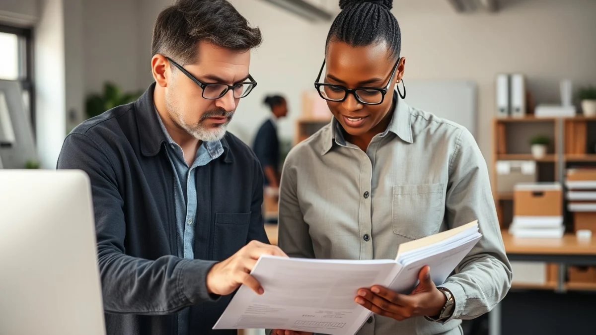 Person learning organising and maintaining invoice records in a modern educational setting