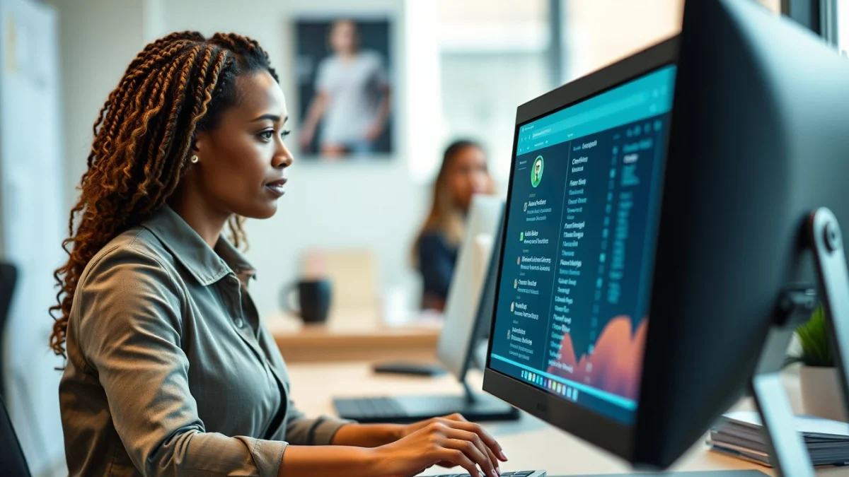 Person learning artificial intelligence skills on a laptop in a modern workspace