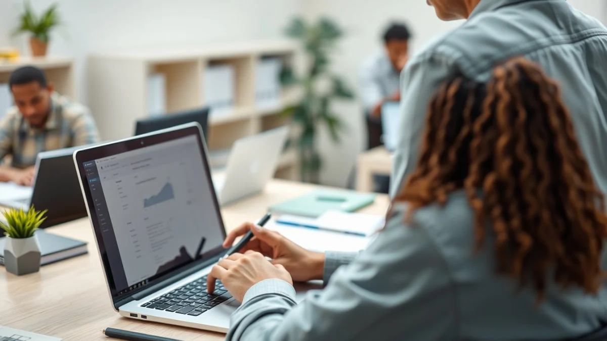 Person learning artificial intelligence skills on a laptop in a modern workspace