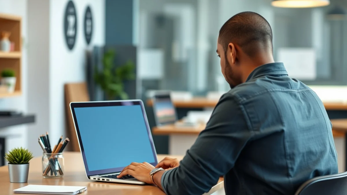 Person learning artificial intelligence skills on a laptop in a modern workspace