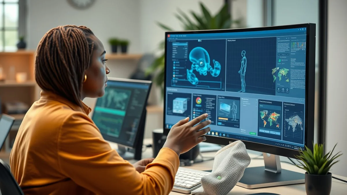 Person learning artificial intelligence skills on a laptop in a modern workspace