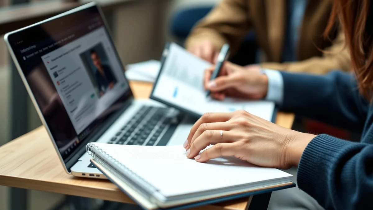 Person learning artificial intelligence skills on a laptop in a modern workspace