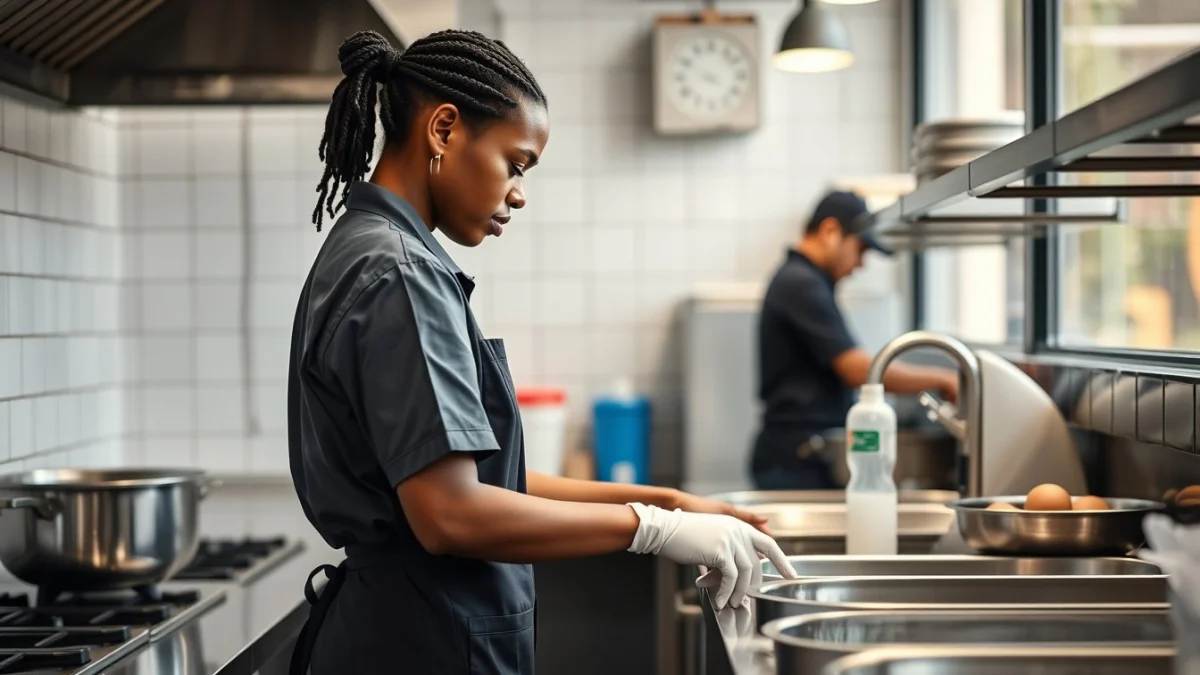Person learning overview of catering assistant duties and responsibilities in a modern educational setting