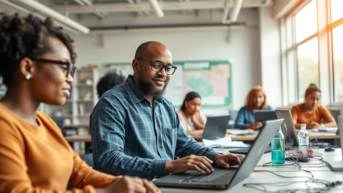 Person learning artificial intelligence skills on a laptop in a modern workspace