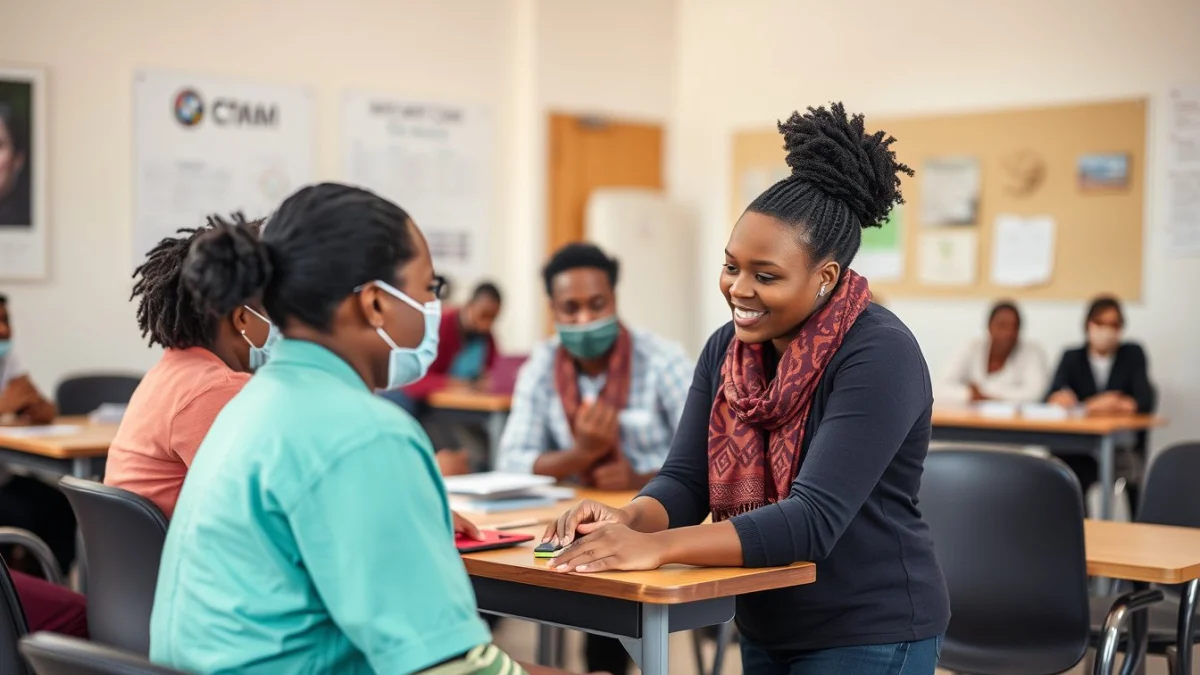 Learner studying caregiving skills in a professional training environment