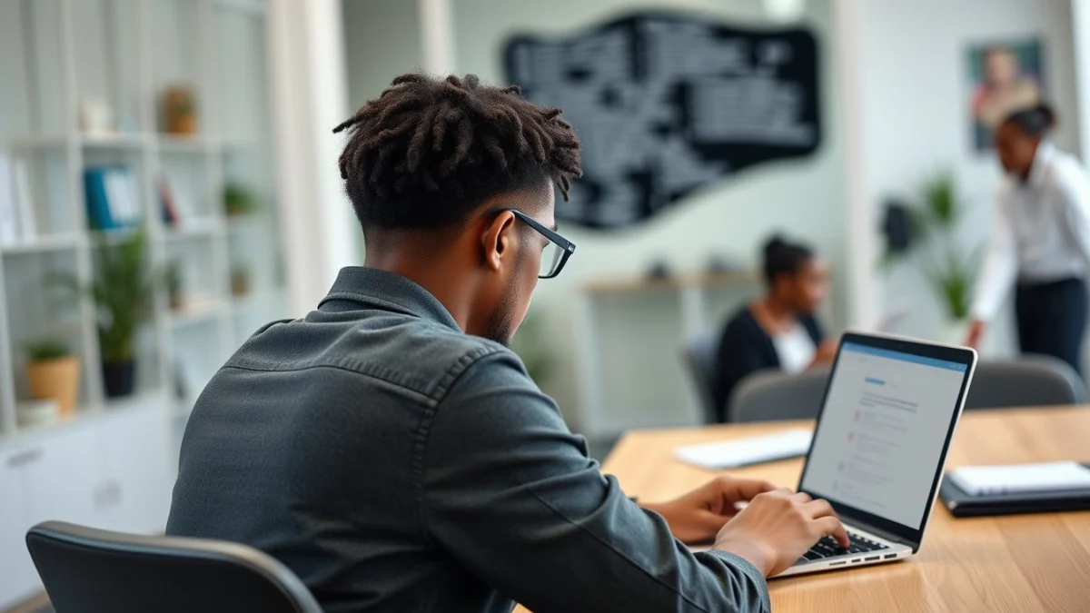 Person learning business skills in a clean modern workspace