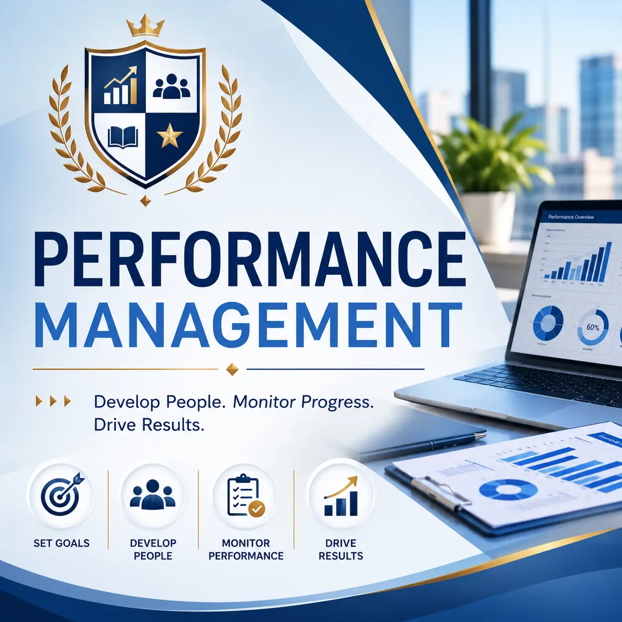 Performance Management Certificate Course cover featuring business performance analytics, employee development, goal setting and workplace results management