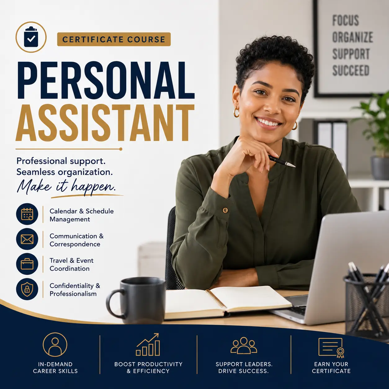 Professional Personal Assistant certificate course cover image featuring a woman with short curly hair working in a modern office environment with navy and gold corporate branding.