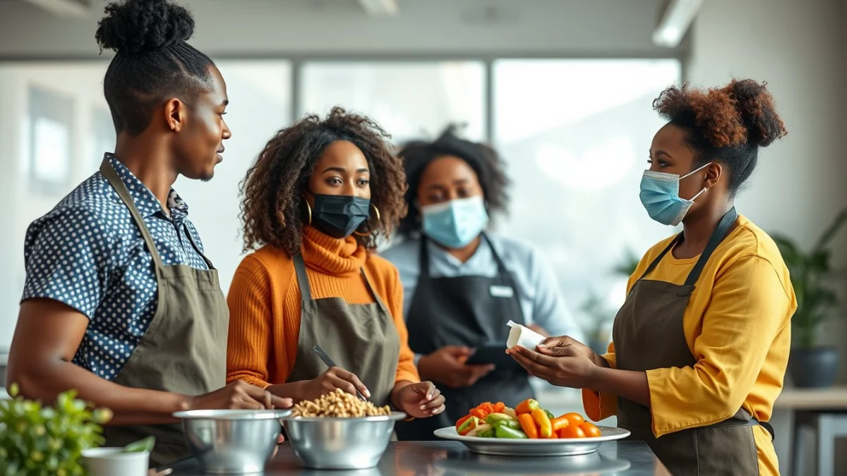 Person learning personal hygiene requirements for catering staff in a modern educational setting