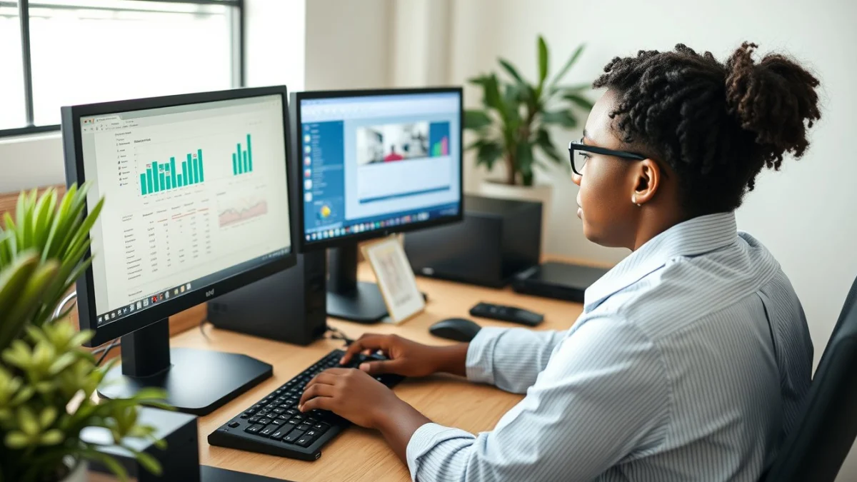 Person learning artificial intelligence skills on a laptop in a modern workspace