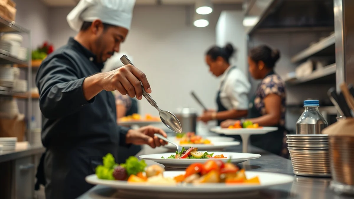 Person learning plating and serving techniques in a modern educational setting
