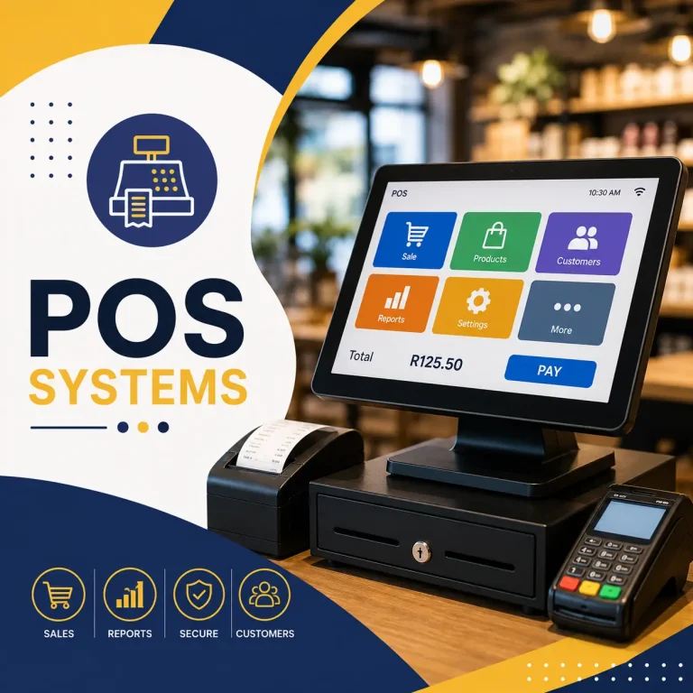 Point of Sale (POS) Systems course cover featuring a modern touchscreen POS terminal, receipt printer, cash drawer, and card payment terminal in a retail environment.