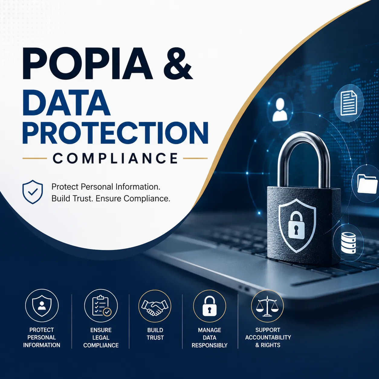 Professional POPIA and data protection compliance course graphic with digital lock and cybersecurity security theme