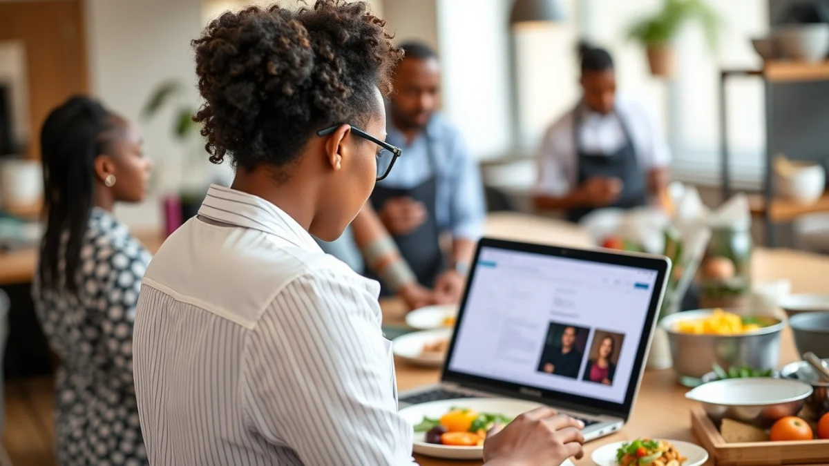Person learning portion control and food presentation basics in a modern educational setting